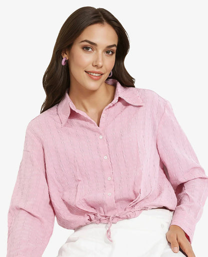 Rareism Women Kaylo Pink Cuffed Sleeve Collared Neck Button Closure Cropped Plain Top