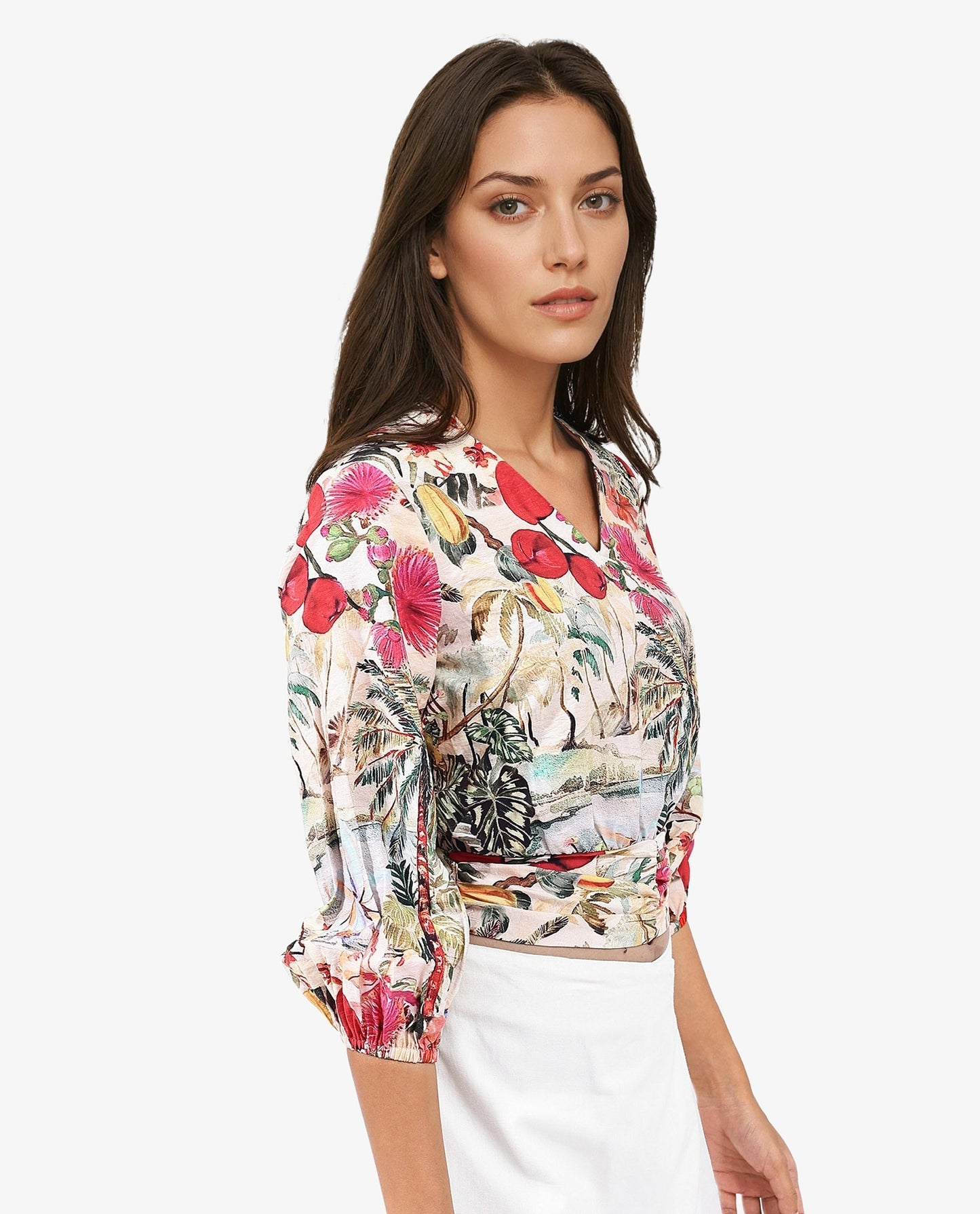 Rareism Women Kenro Multi Bell Sleeves V-Neck Cropped Tropical Print Top