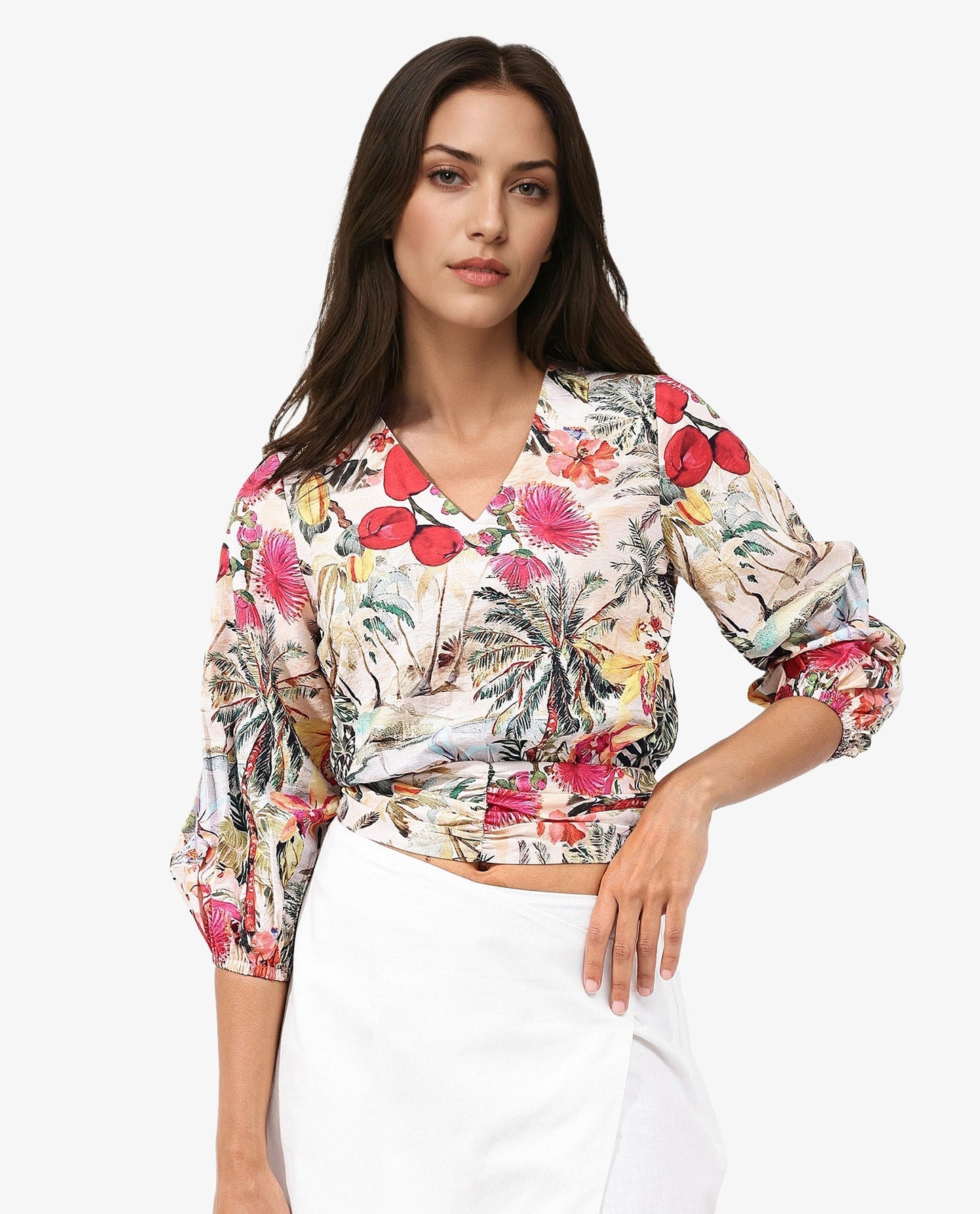 Rareism Women Kenro Multi Bell Sleeves V-Neck Cropped Tropical Print Top