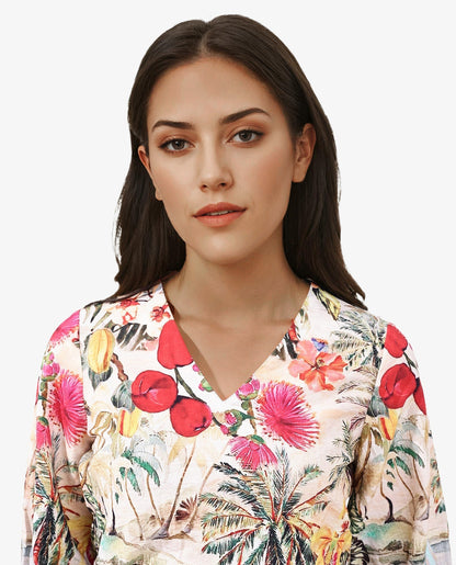 Rareism Women Kenro Multi Bell Sleeves V-Neck Cropped Tropical Print Top