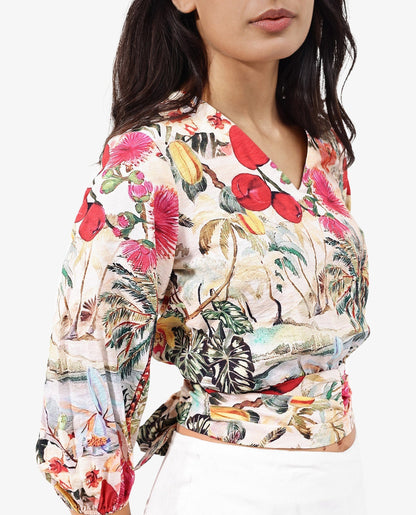 Rareism Women Kenro Multi Bell Sleeves V-Neck Cropped Tropical Print Top