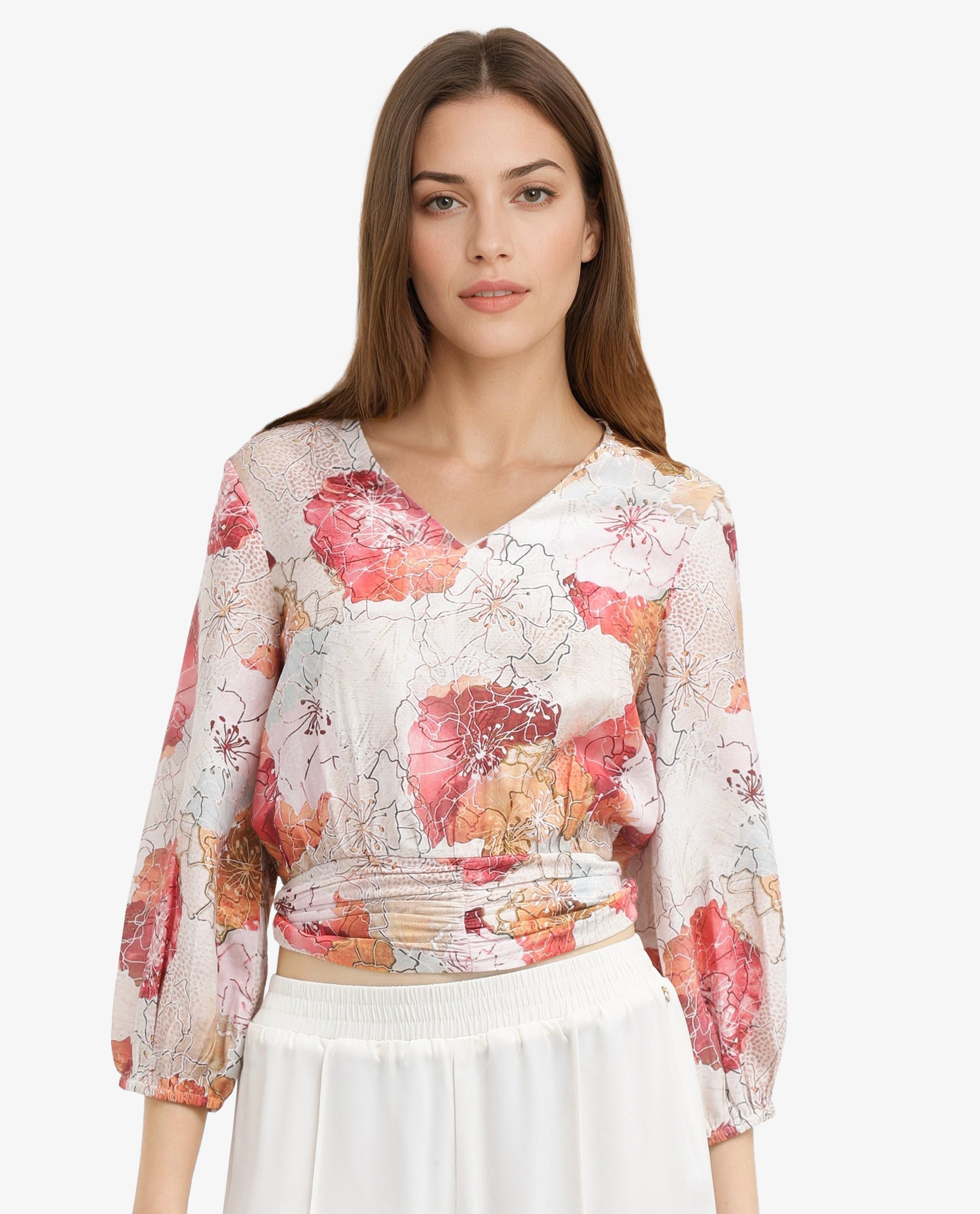 Rareism Women Kently Multi Bell Sleeves V-Neck Cropped Floral Print Top