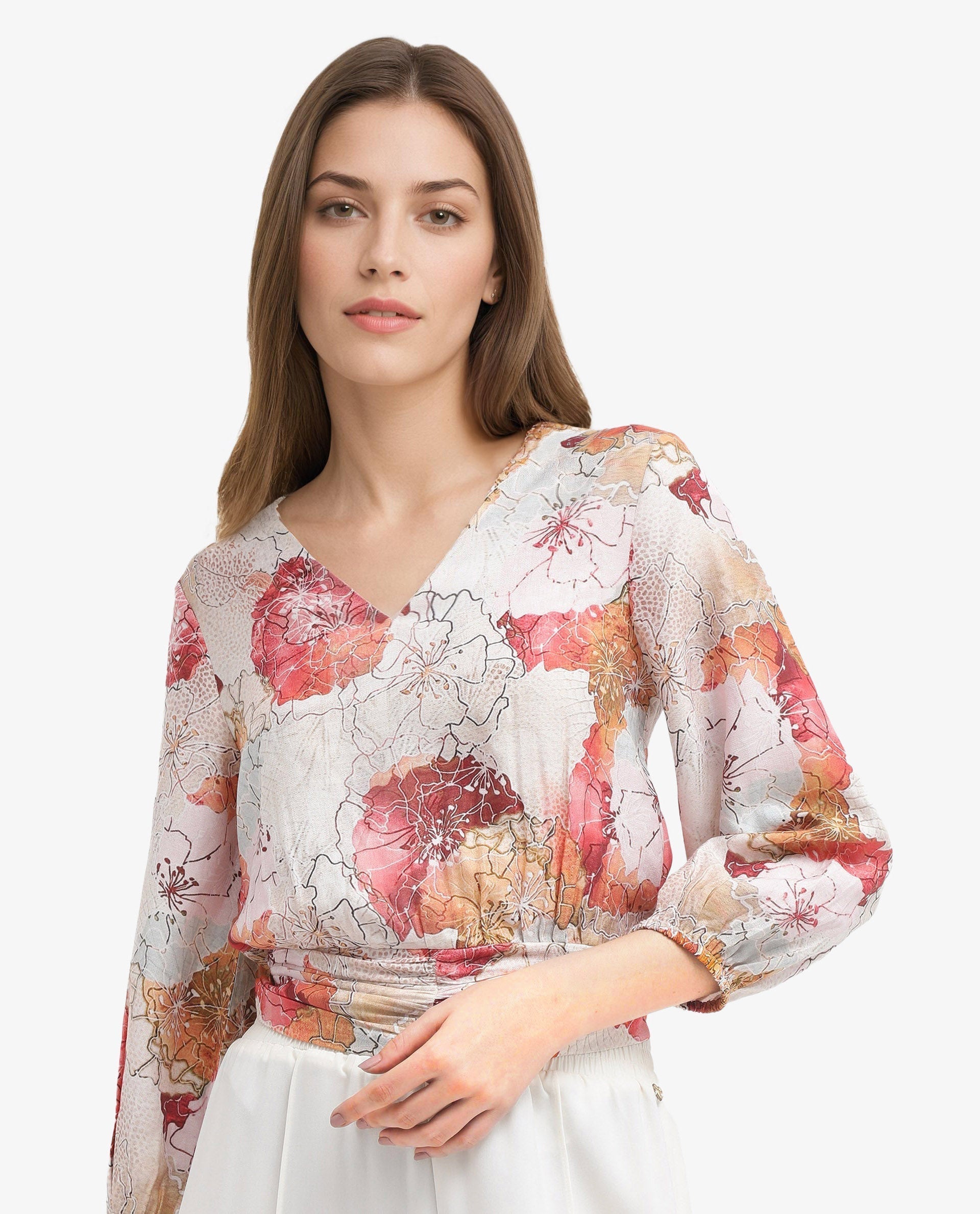 Rareism Women Kently Multi Bell Sleeves V-Neck Cropped Floral Print Top