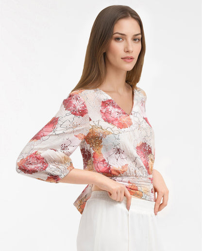 Rareism Women Kently Multi Bell Sleeves V-Neck Cropped Floral Print Top