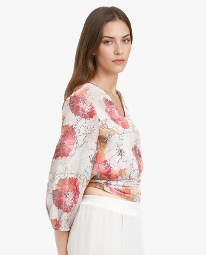 Rareism Women Kently Multi Bell Sleeves V-Neck Cropped Floral Print Top