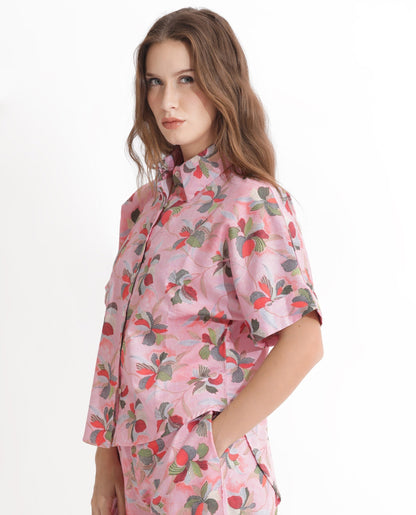 Rareism Women Kentoy-T Light Pink Cotton Fabric Short Sleeves Button Closure Shirt Collar Extended Sleeve Regular Fit Floral Print Top