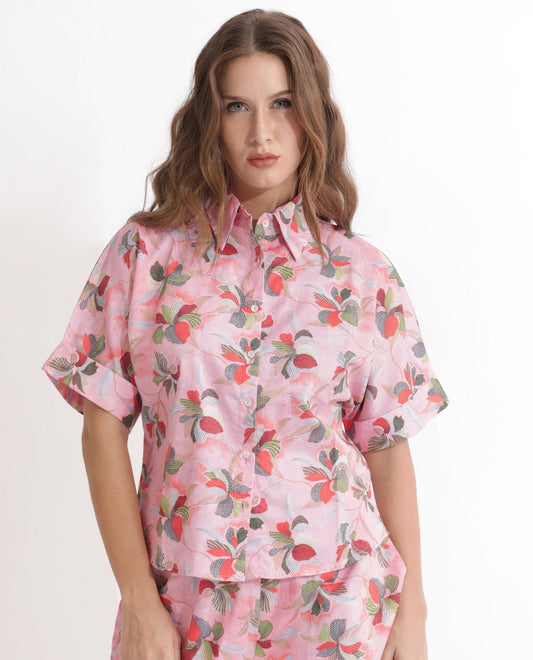 Rareism Women Kentoy-T Light Pink Cotton Fabric Short Sleeves Button Closure Shirt Collar Extended Sleeve Regular Fit Floral Print Top