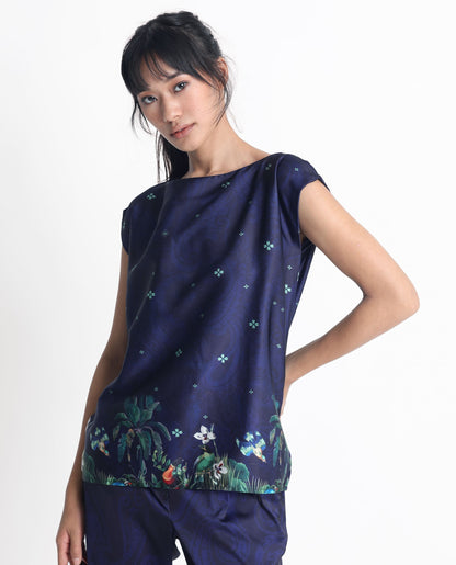 Rareism Women Kern Navy Polyester Fabric Short Sleeves Boat Neck Extended Sleeve Regular Fit Floral Print Top