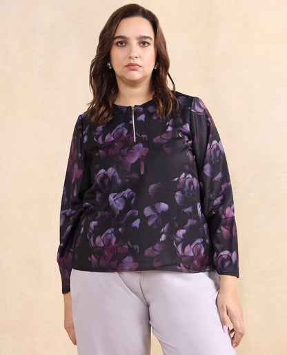 Rareism Women Kiko Multi Polyester Fabric Volume Sleeve Round Neck Zipper Closure Floral Print Top