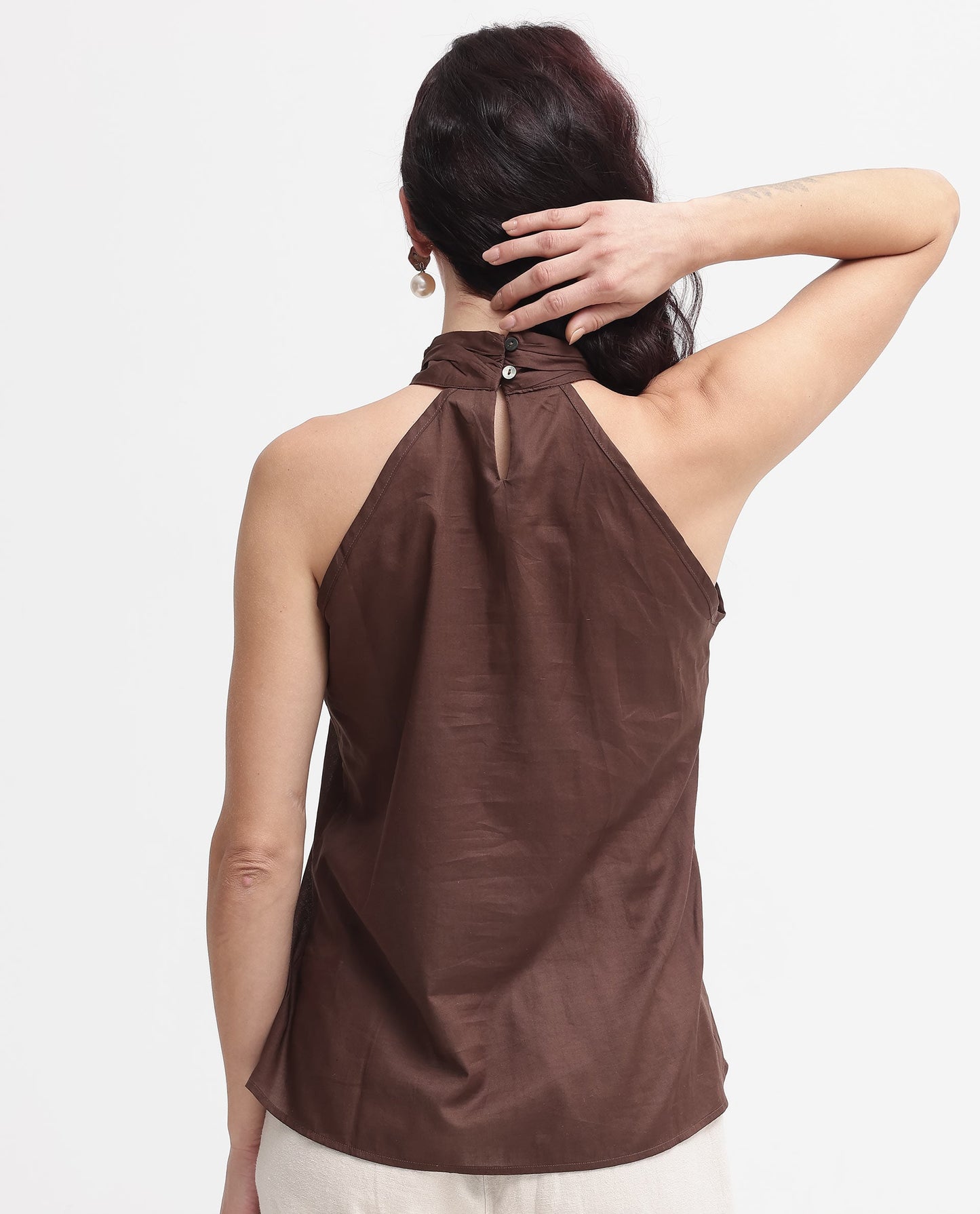 Rareism Women Kirara Brown Halter Neck Plain and Solid Top