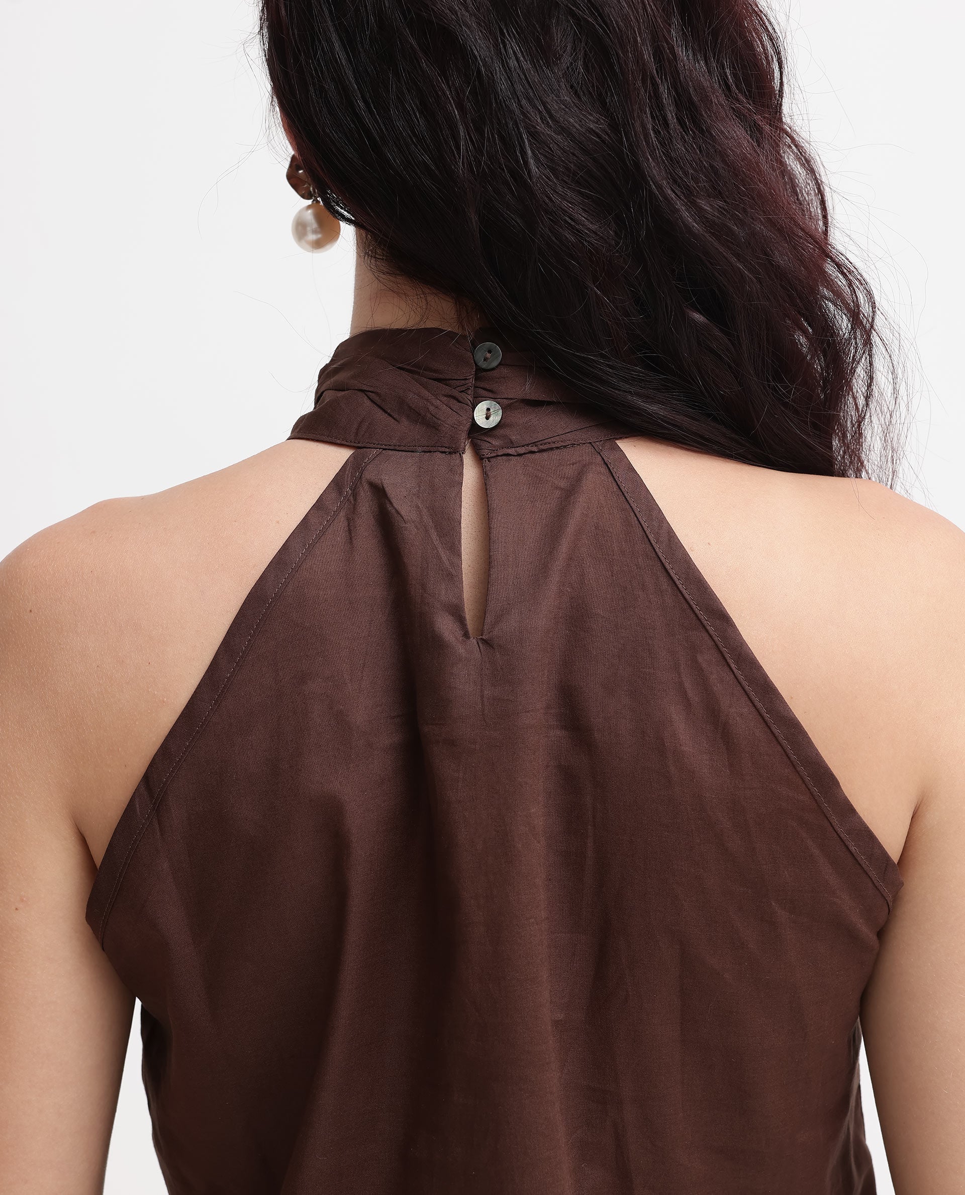 Rareism Women Kirara Brown Halter Neck Plain and Solid Top