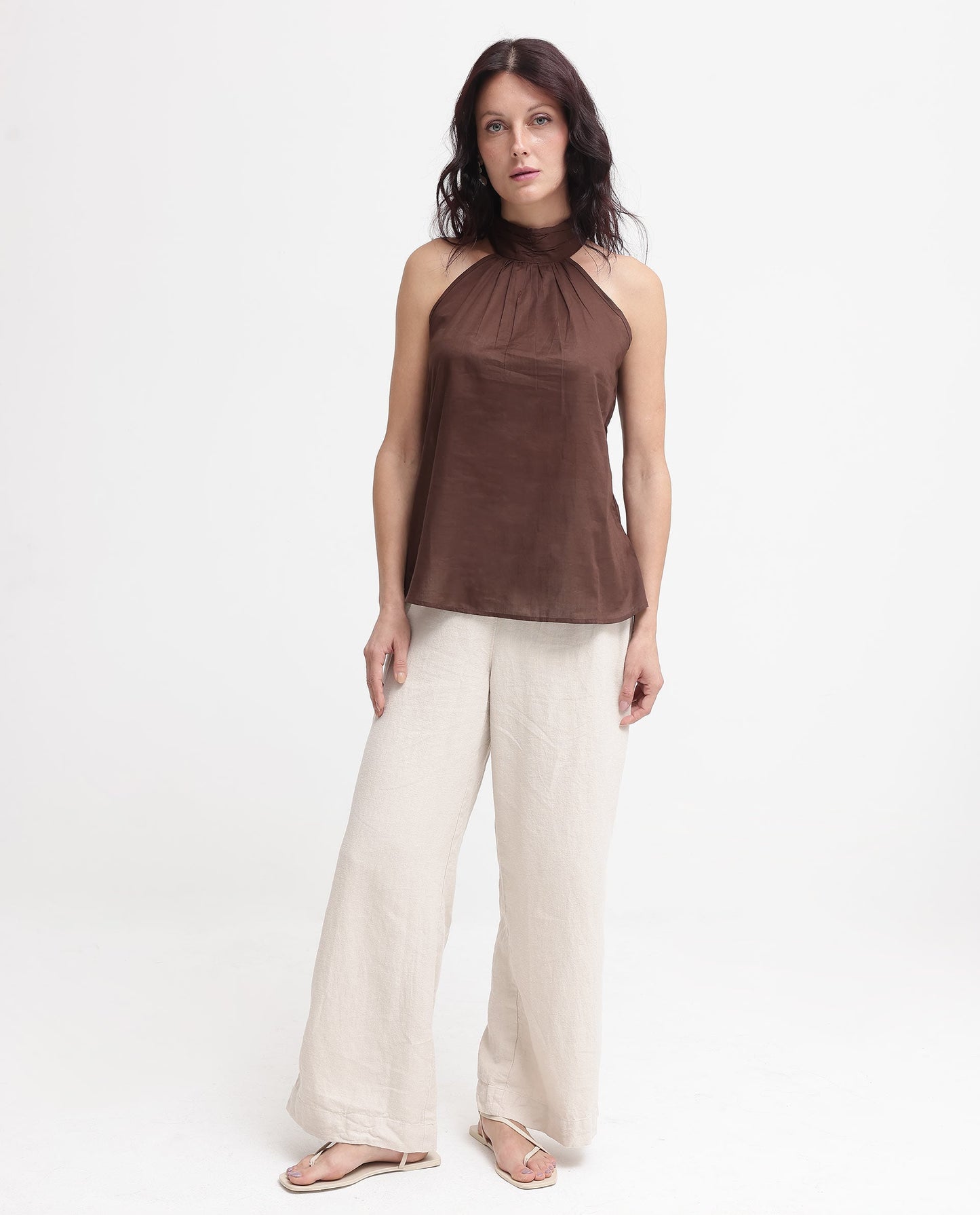 Rareism Women Kirara Brown Halter Neck Plain and Solid Top