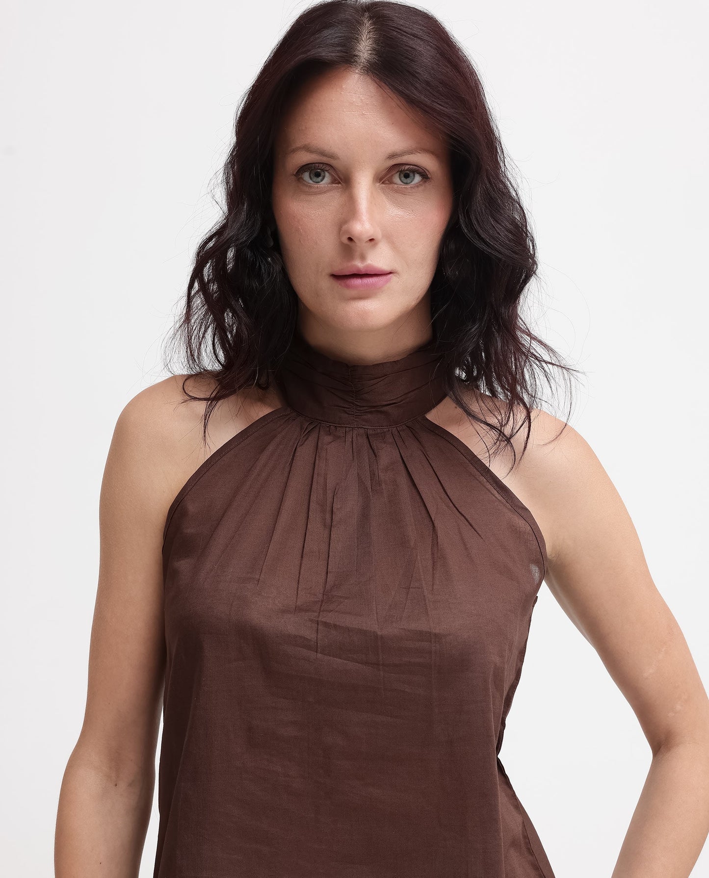 Rareism Women Kirara Brown Halter Neck Plain and Solid Top