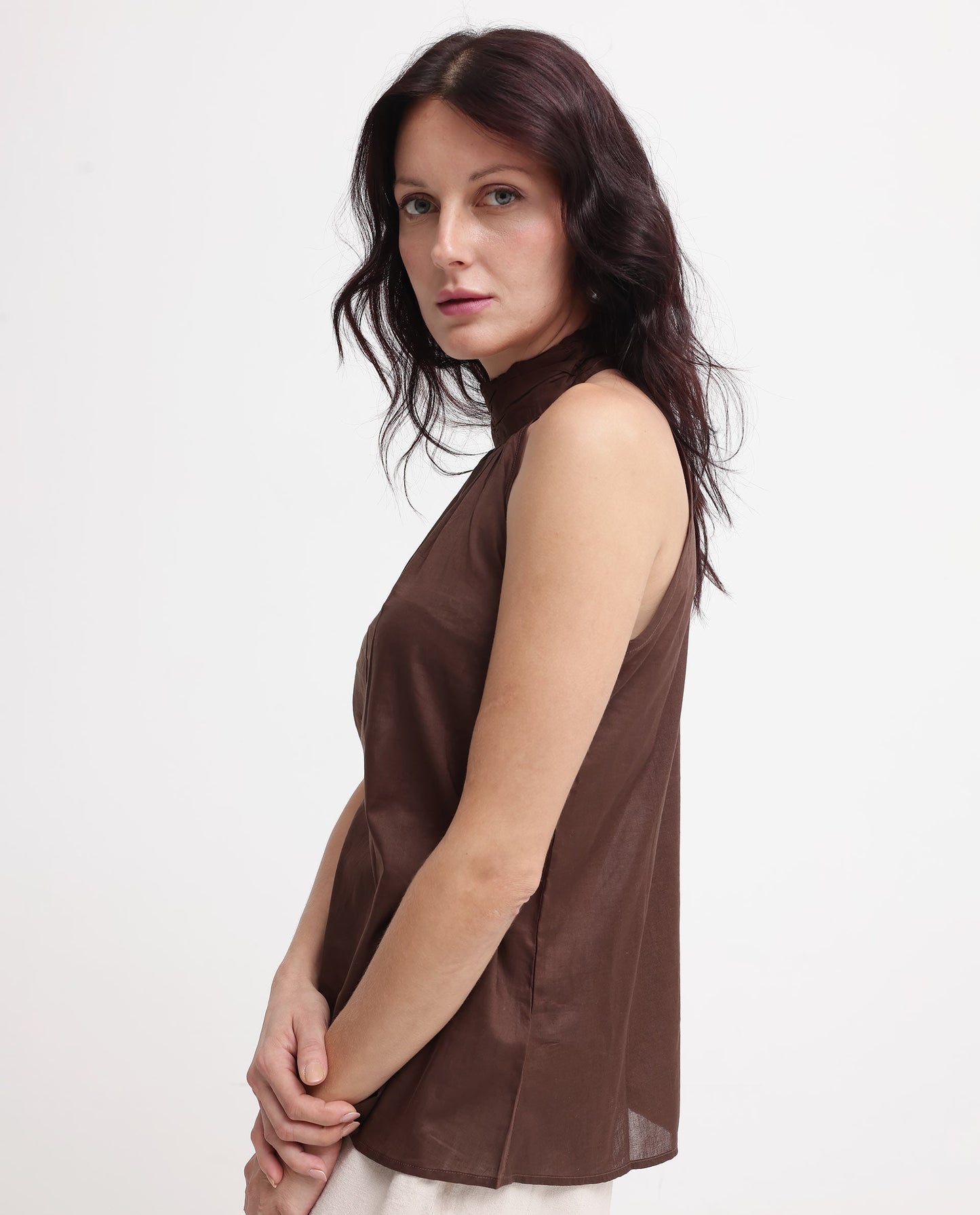 Rareism Women Kirara Brown Halter Neck Plain and Solid Top