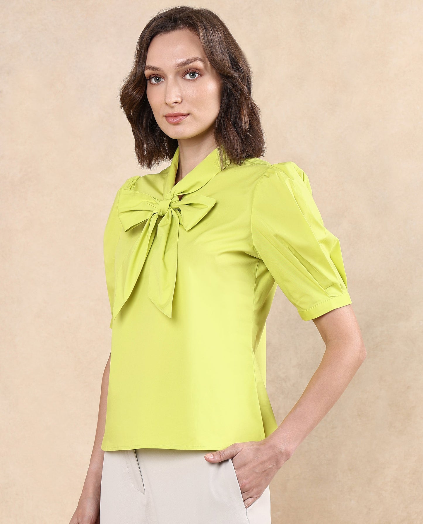 Rareism Women Kirv Green Cotton Blend Fabric Bishop Sleeve Tie Up Neck Button Closure Regular Fit Plain Top