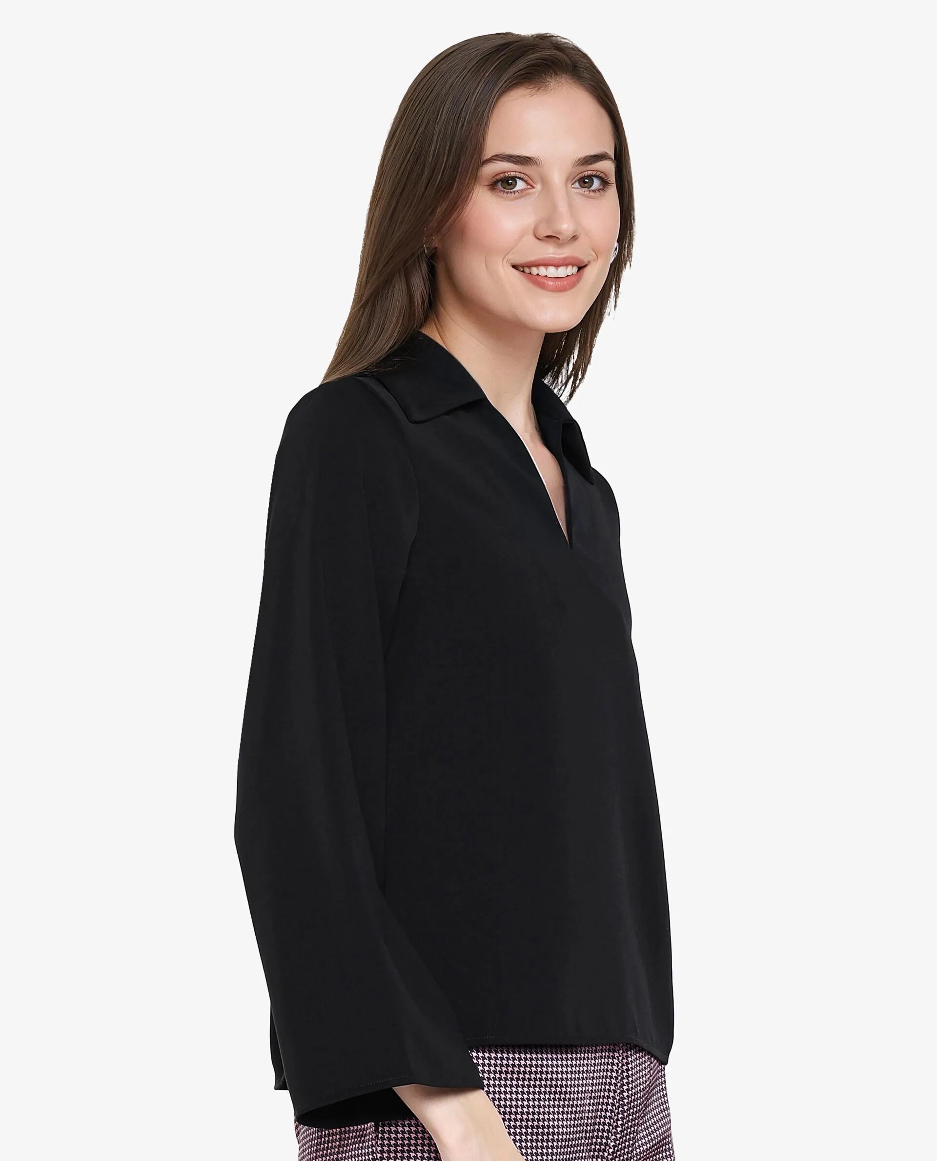 Rareism Women Klamma Black Satin Full Sleeve Jonny Collar Plain Top