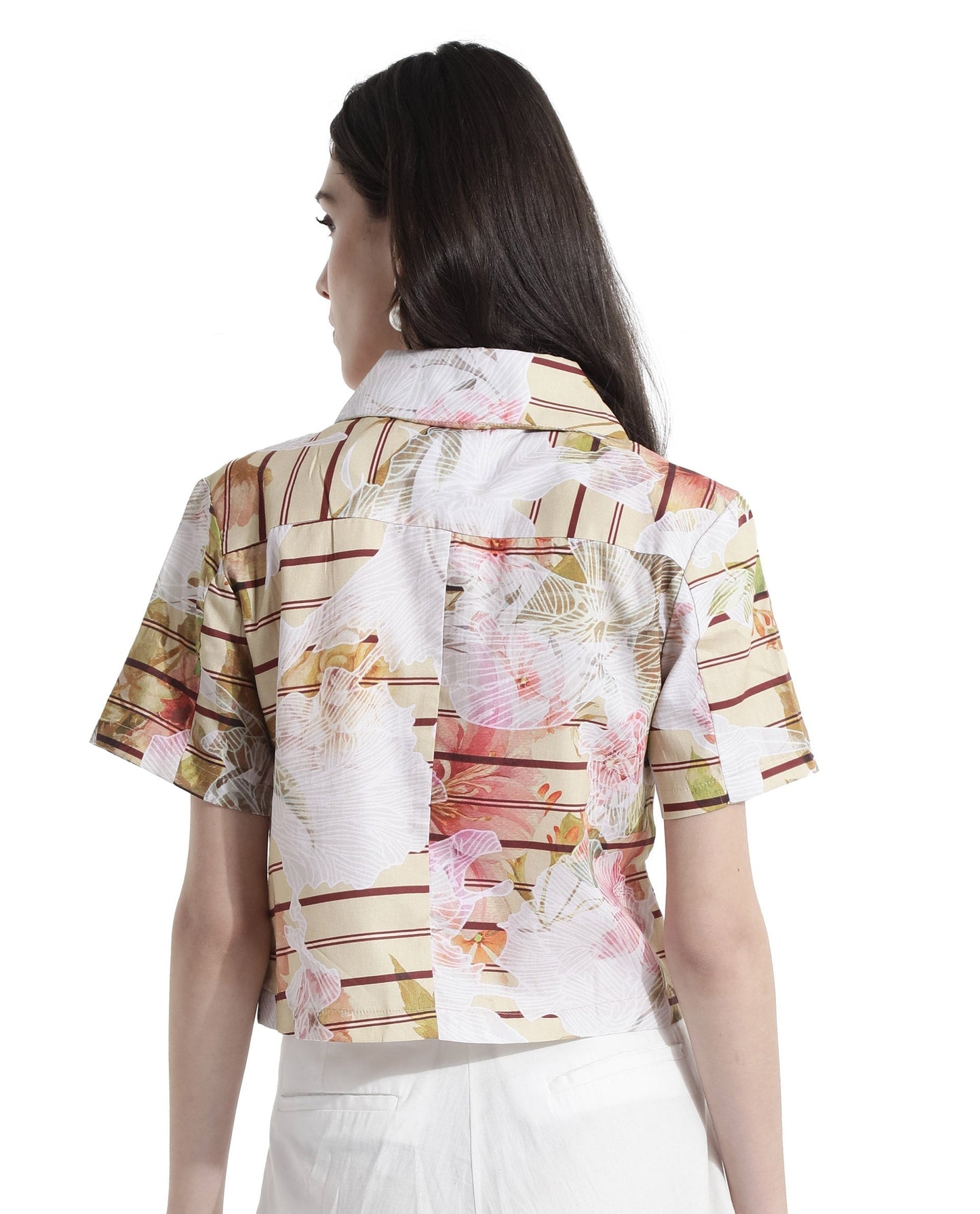 Rareism Women Klapan Multi Short Sleeve Collared Neck Zipper Closure Cropped Floral Print Top