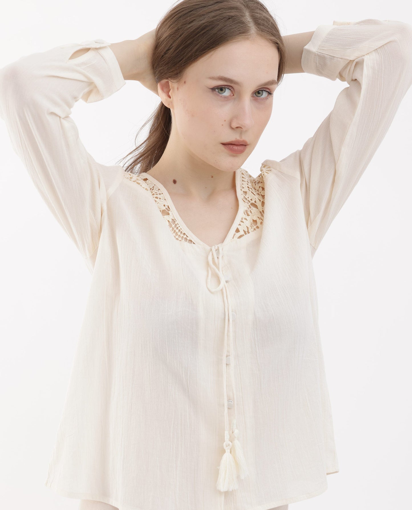 Rareism Women Klaya Beige Cotton Fabric Full Sleeves Button Closure V-Neck Relaxed Fit Plain Top