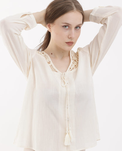 Rareism Women Klaya Beige Cotton Fabric Full Sleeves Button Closure V-Neck Relaxed Fit Plain Top