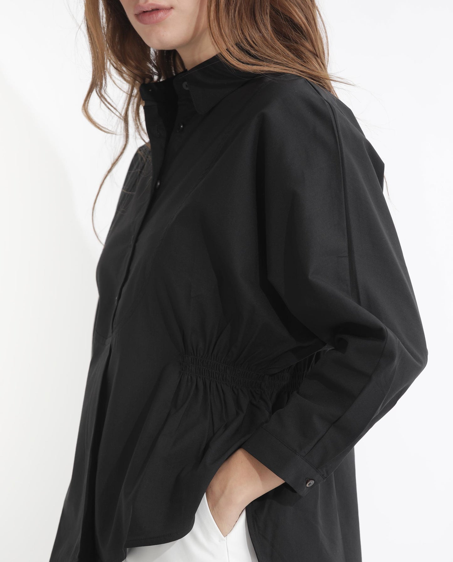 Rareism Women Kowski Black Cotton Blend Fabric Full Sleeves Button Closure Shirt Collar Kimono Sleeve Regular Fit Plain Blouse Top