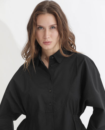 Rareism Women Kowski Black Cotton Blend Fabric Full Sleeves Button Closure Shirt Collar Kimono Sleeve Regular Fit Plain Blouse Top