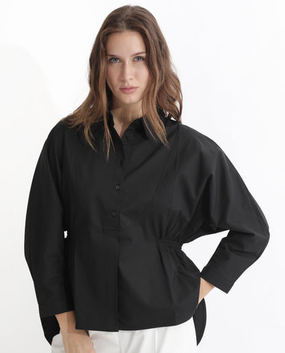 Rareism Women Kowski Black Cotton Blend Fabric Full Sleeves Button Closure Shirt Collar Kimono Sleeve Regular Fit Plain Blouse Top