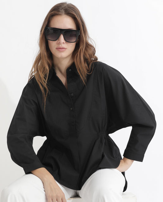 Rareism Women Kowski Black Cotton Blend Fabric Full Sleeves Button Closure Shirt Collar Kimono Sleeve Regular Fit Plain Blouse Top