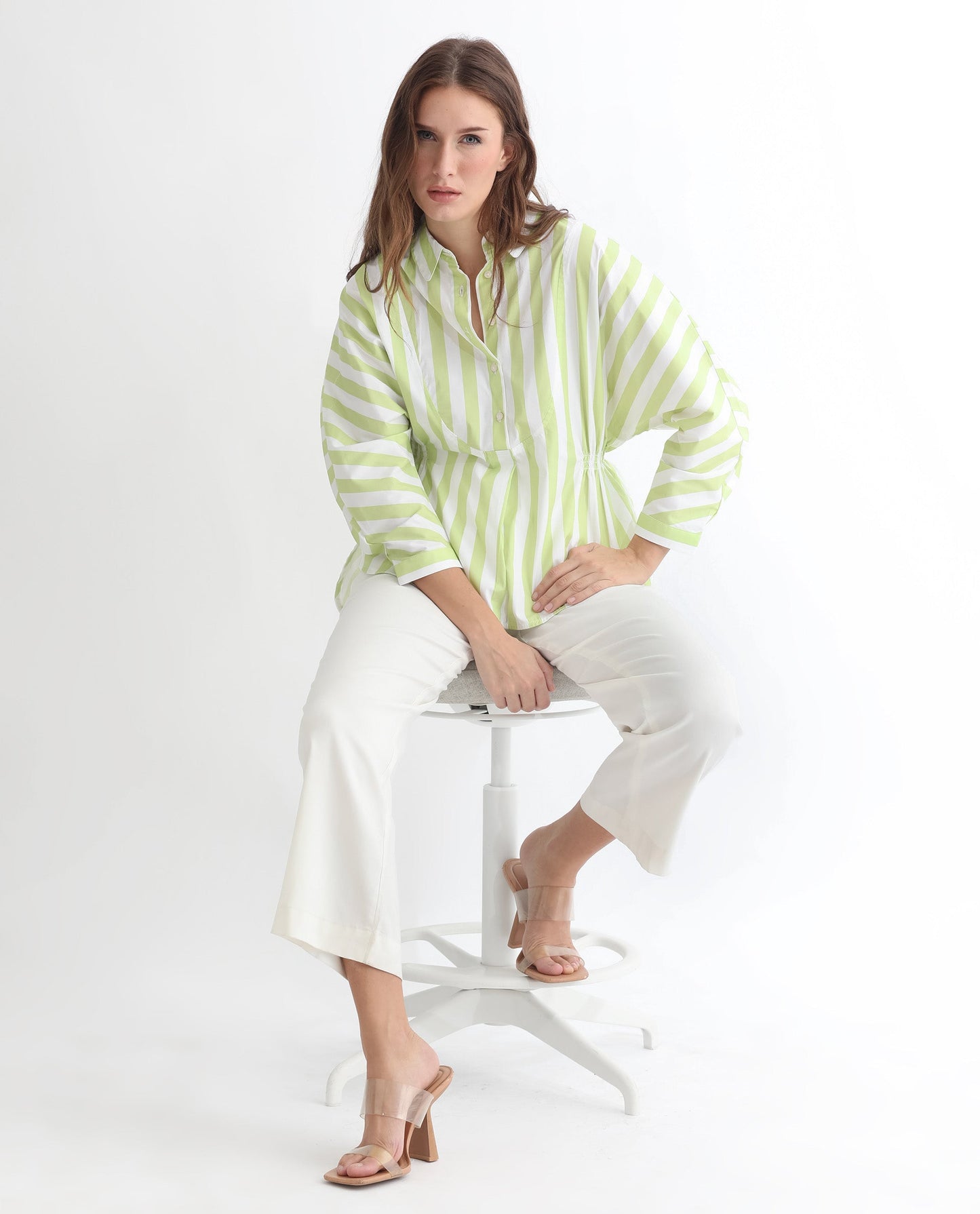 Rareism Women Kowski Green Cotton Lycra Fabric Regular Fit Shirt Collar Full Sleeves Striped Top