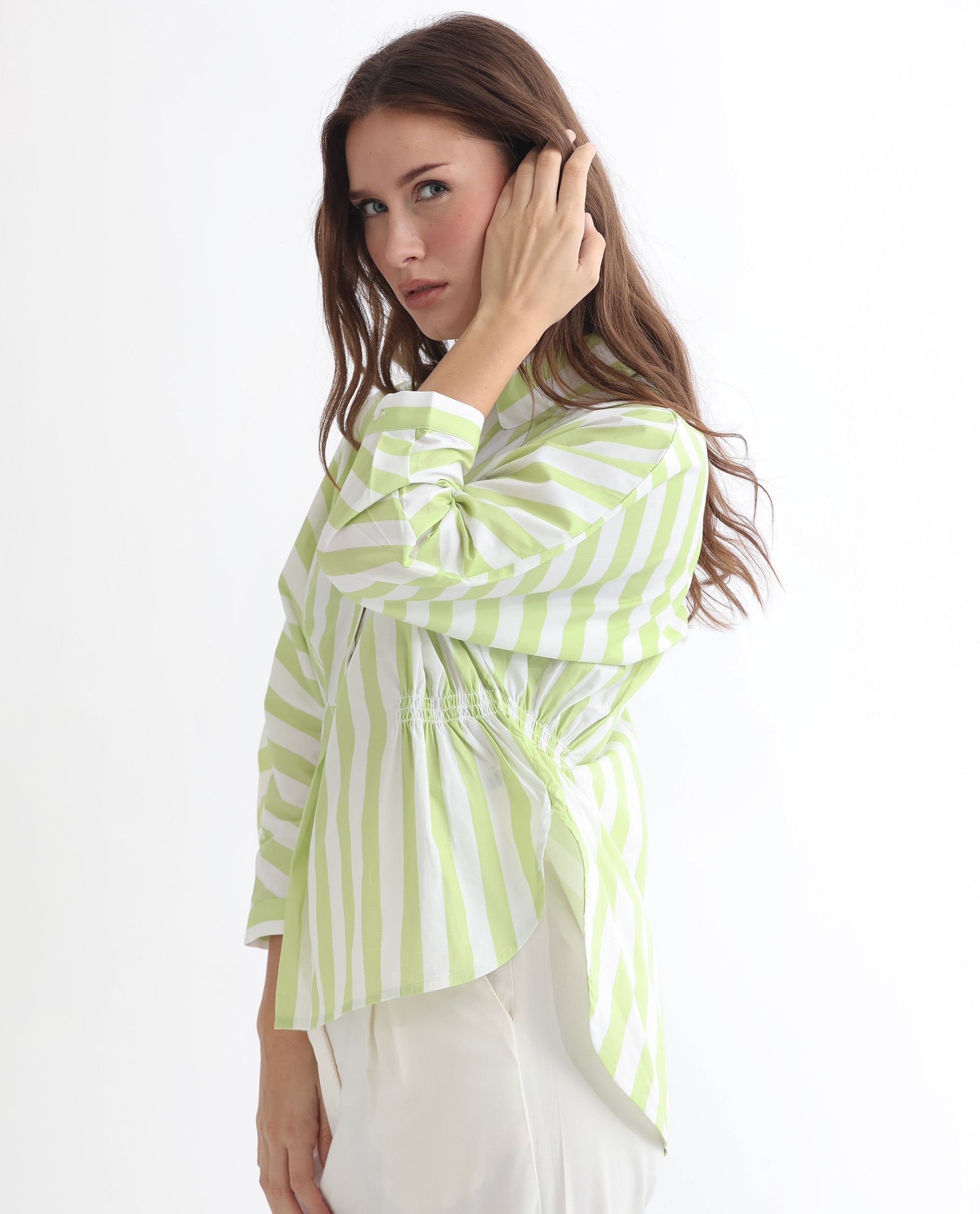 Rareism Women Kowski Green Cotton Lycra Fabric Regular Fit Shirt Collar Full Sleeves Striped Top