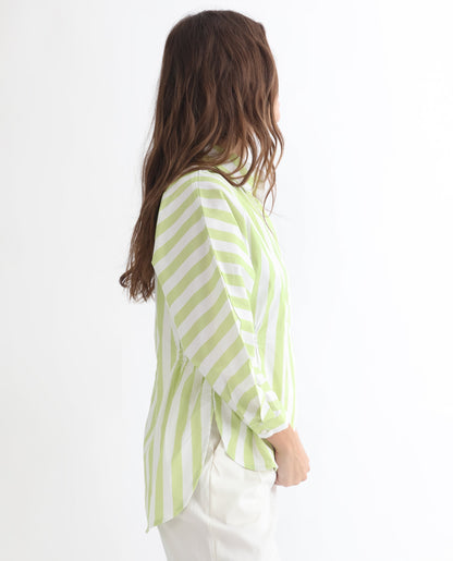 Rareism Women Kowski Green Cotton Lycra Fabric Regular Fit Shirt Collar Full Sleeves Striped Top