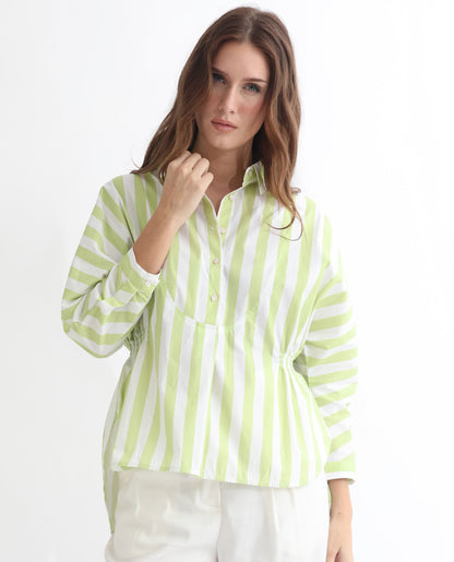 Rareism Women Kowski Green Cotton Lycra Fabric Regular Fit Shirt Collar Full Sleeves Striped Top