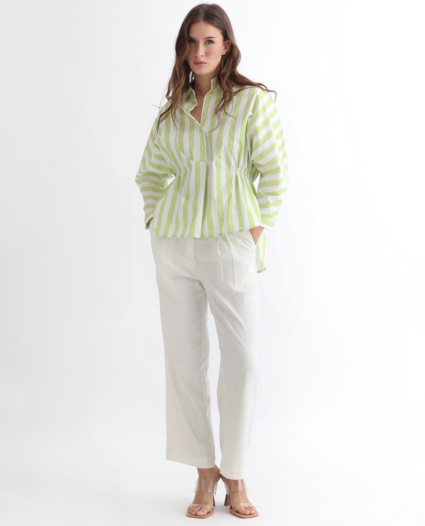 Rareism Women Kowski Green Cotton Lycra Fabric Regular Fit Shirt Collar Full Sleeves Striped Top