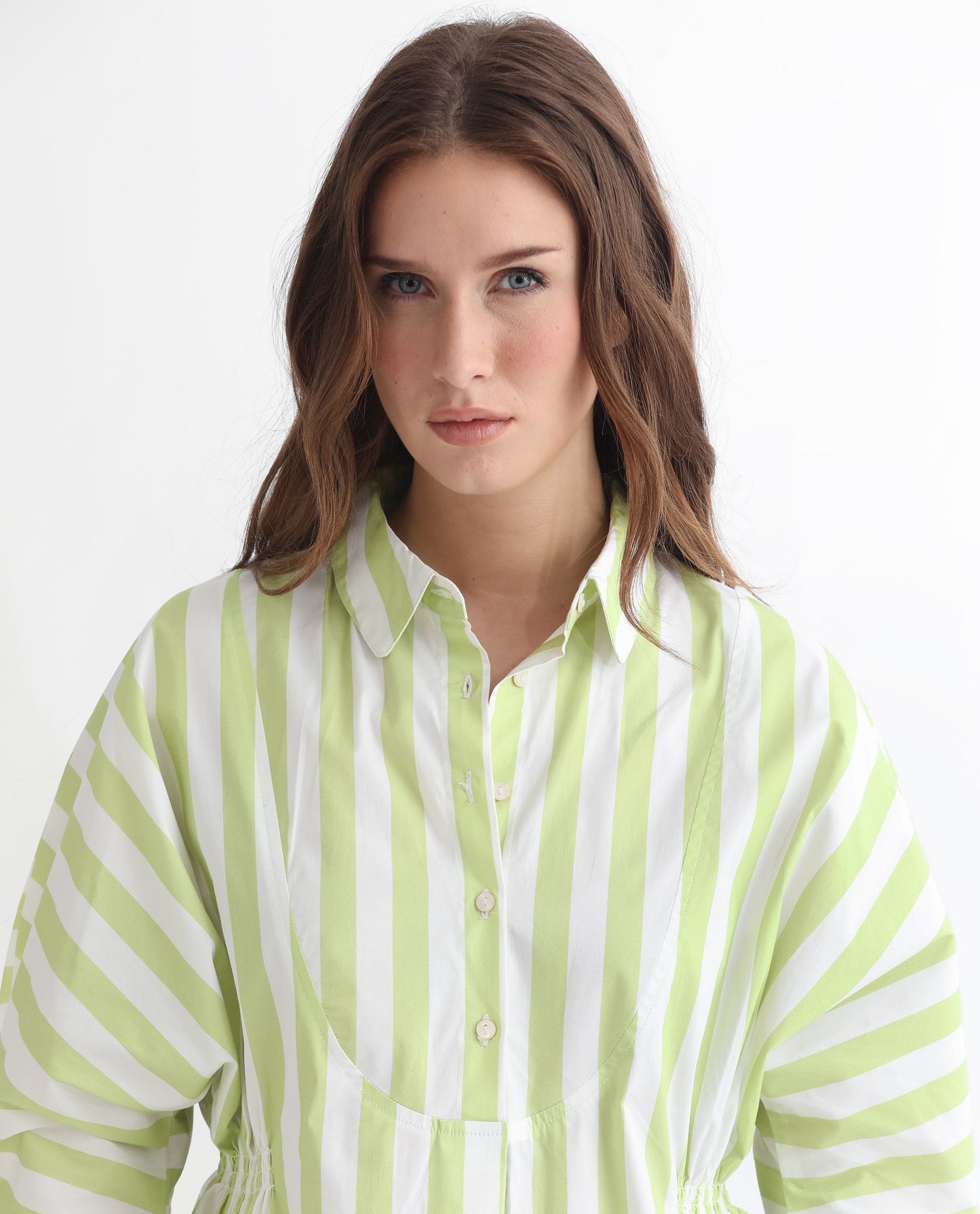 Rareism Women Kowski Green Cotton Lycra Fabric Regular Fit Shirt Collar Full Sleeves Striped Top