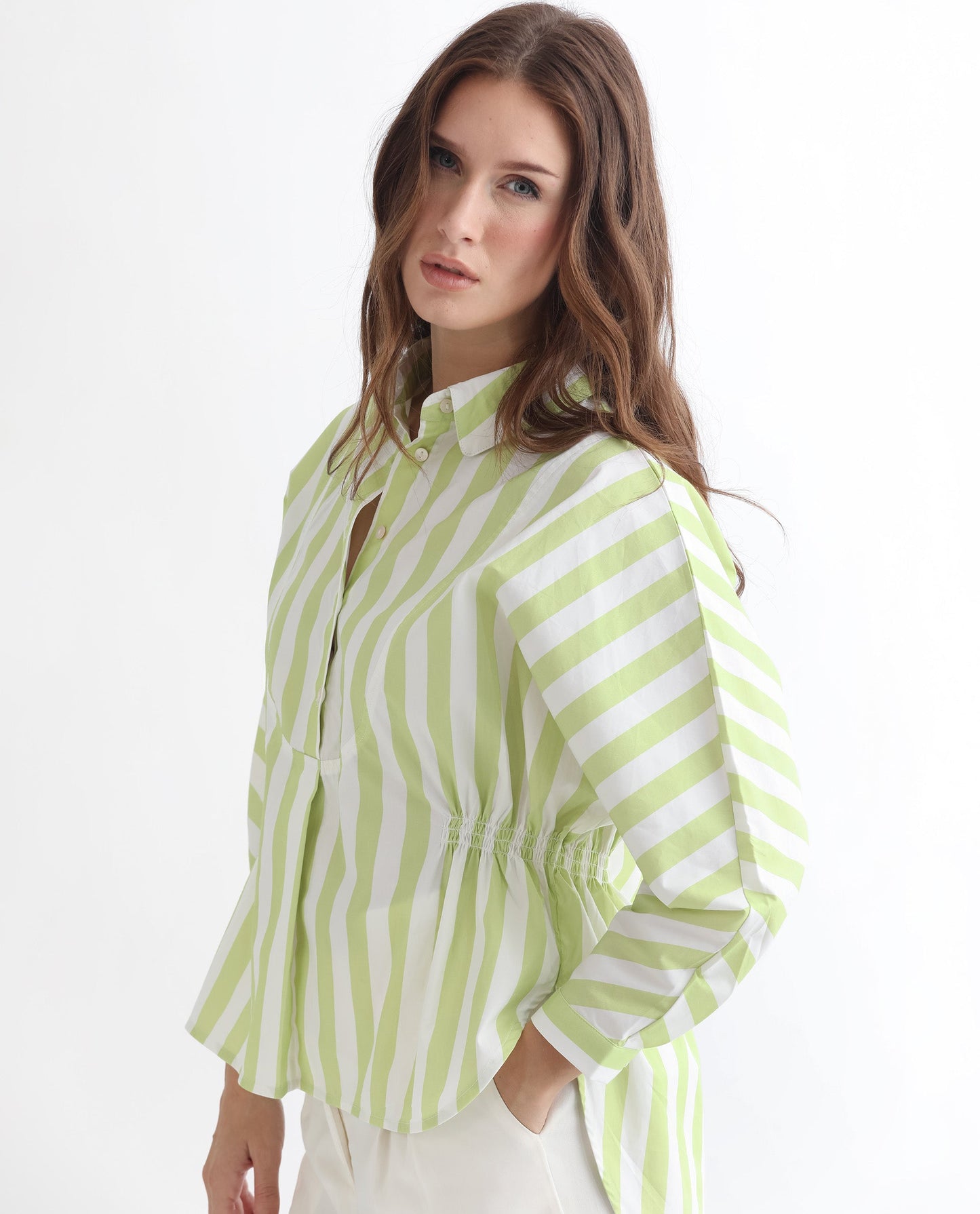 Rareism Women Kowski Green Cotton Lycra Fabric Regular Fit Shirt Collar Full Sleeves Striped Top