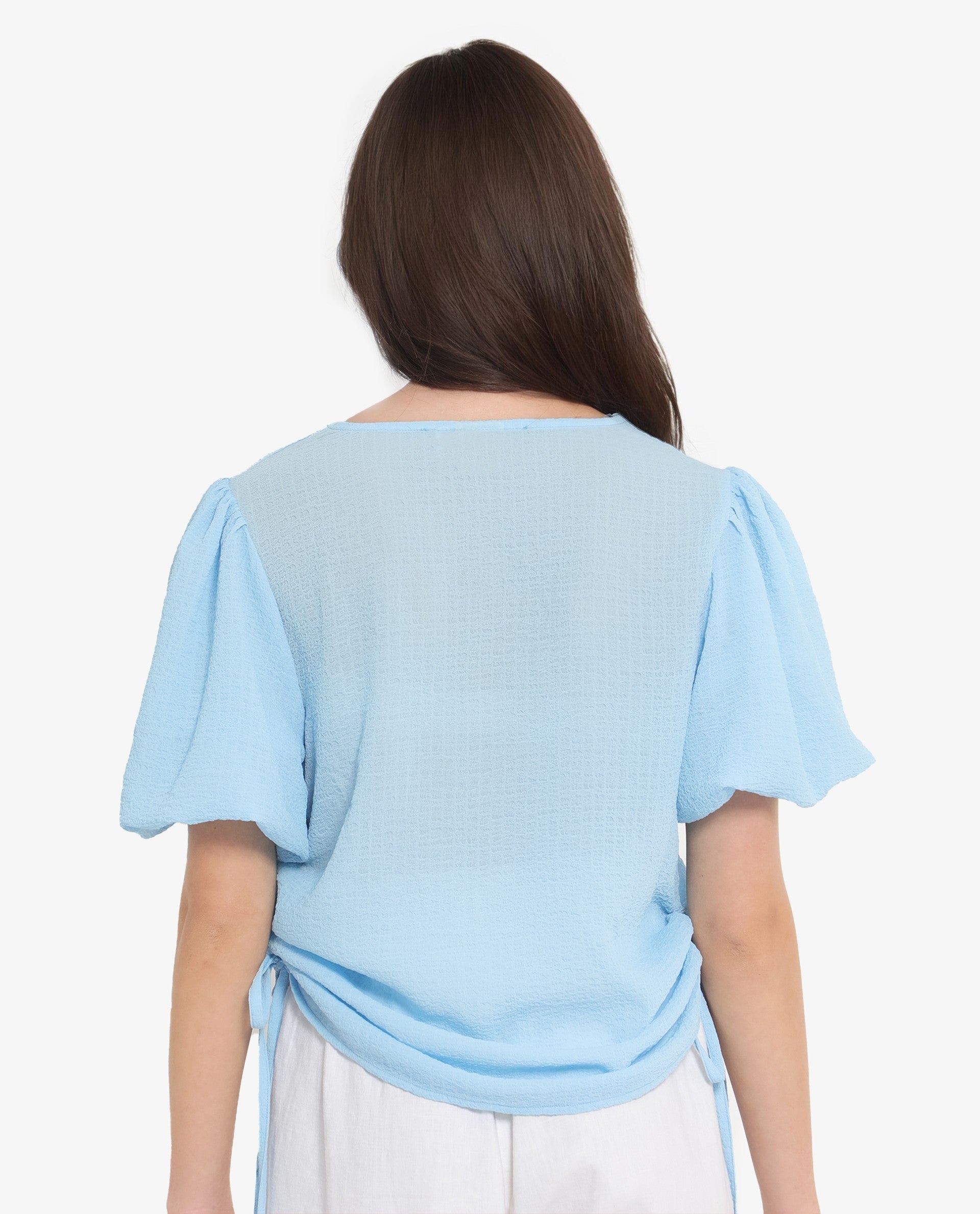 Rareism Women Krien Light Blue Balloon Sleeve V-Neck Plain Top