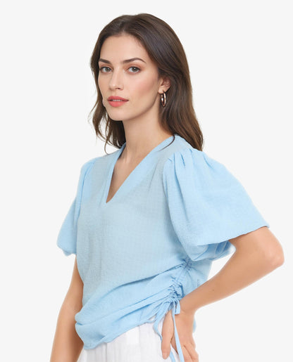 Rareism Women Krien Light Blue Balloon Sleeve V-Neck Plain Top