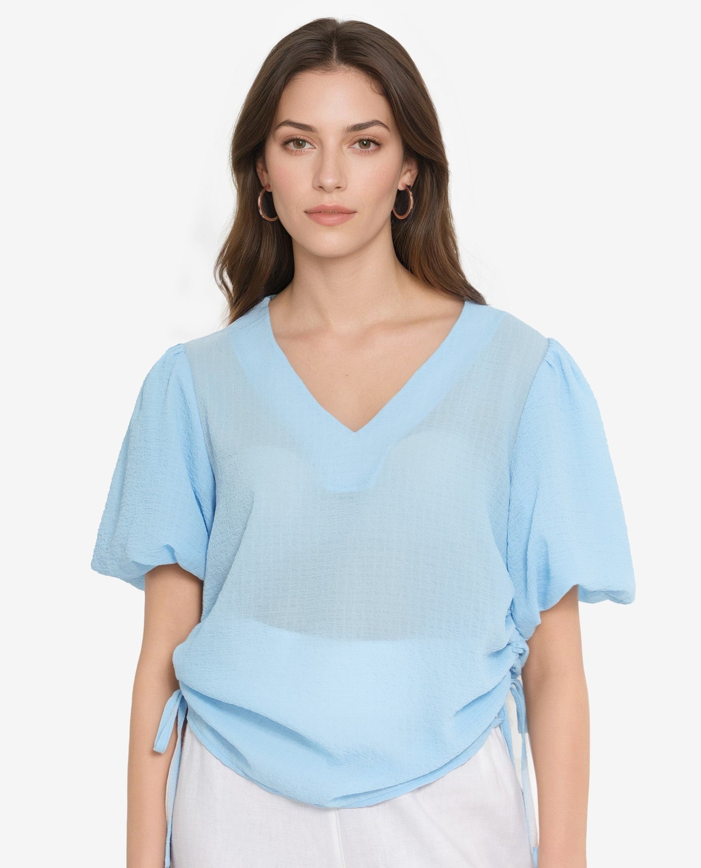 Rareism Women Krien Light Blue Balloon Sleeve V-Neck Plain Top