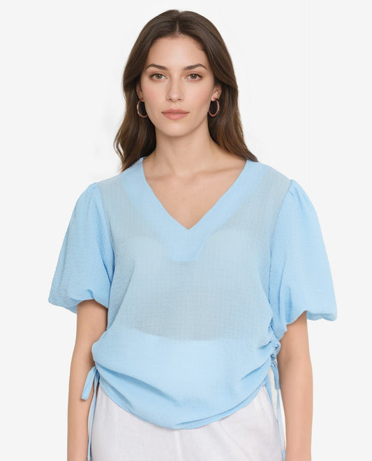 Rareism Women Krien Light Blue Balloon Sleeve V-Neck Plain Top