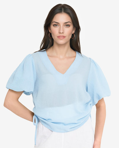 Rareism Women Krien Light Blue Balloon Sleeve V-Neck Plain Top