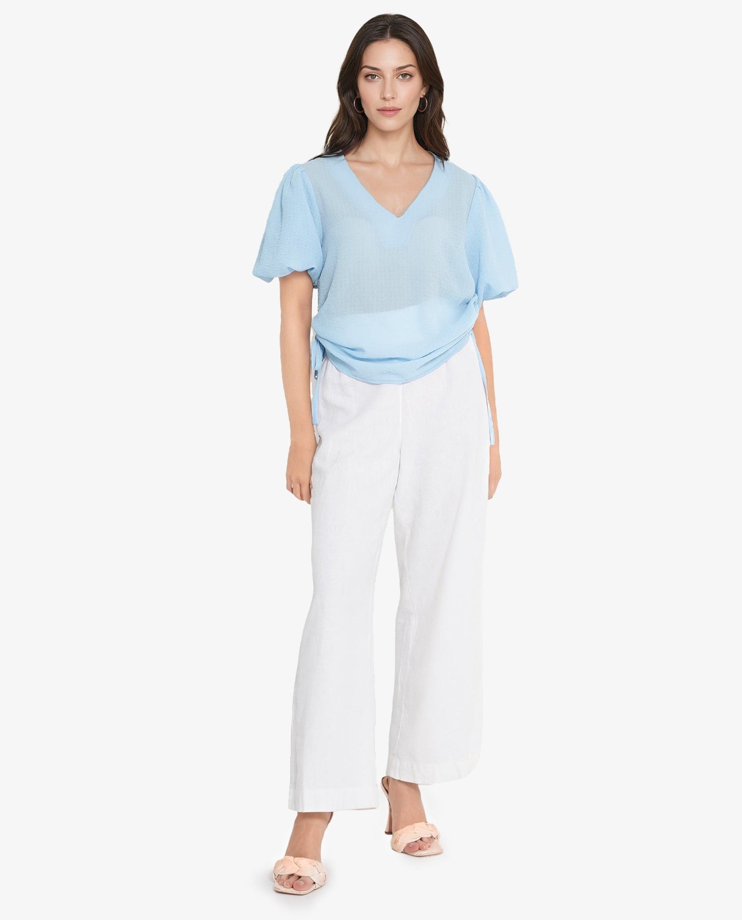 Rareism Women Krien Light Blue Balloon Sleeve V-Neck Plain Top