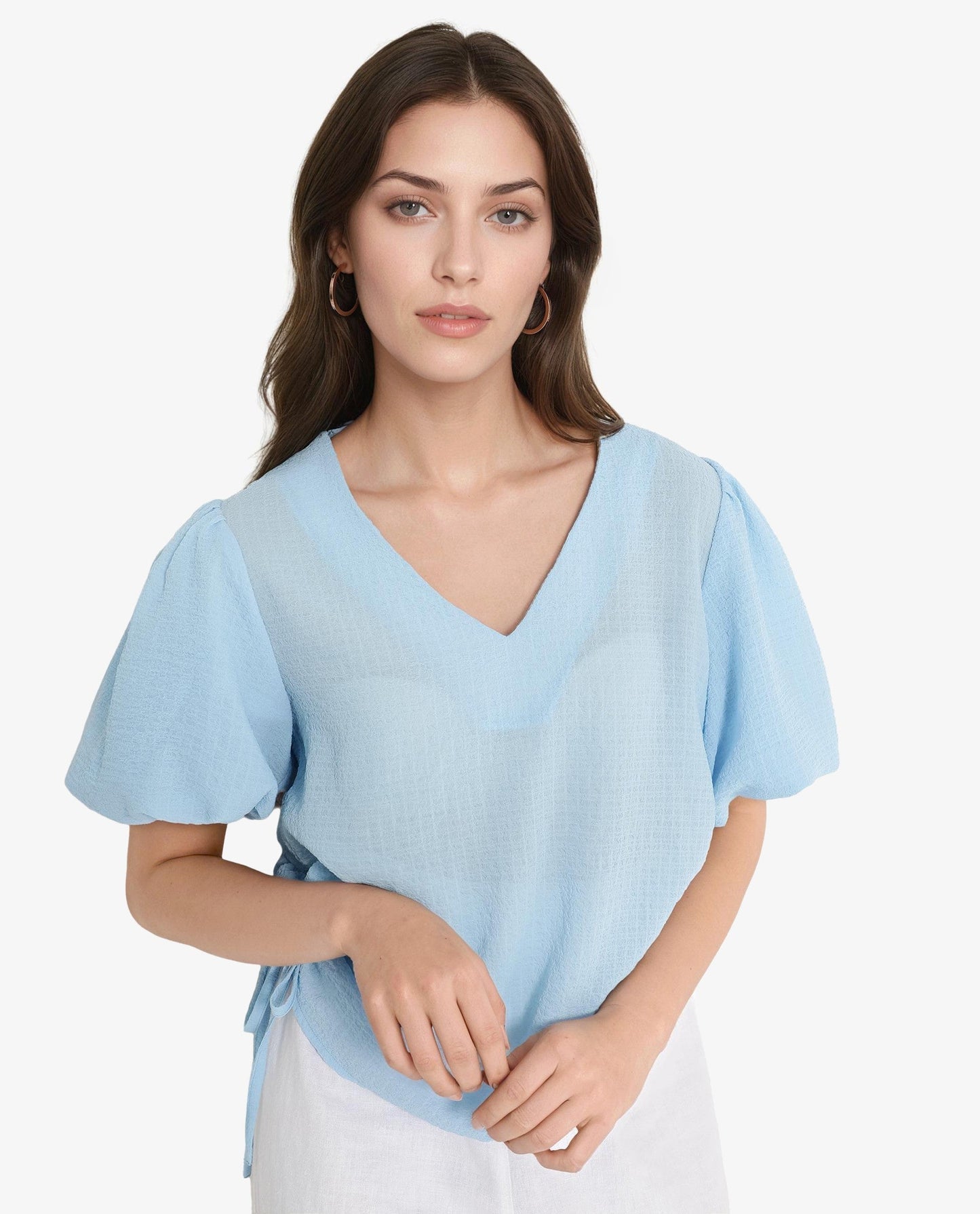 Rareism Women Krien Light Blue Balloon Sleeve V-Neck Plain Top