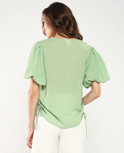 Rareism Women Krien Light Green Balloon Sleeve V-Neck Plain Top