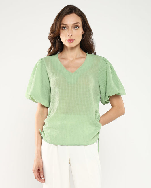 Rareism Women Krien Light Green Balloon Sleeve V-Neck Plain Top