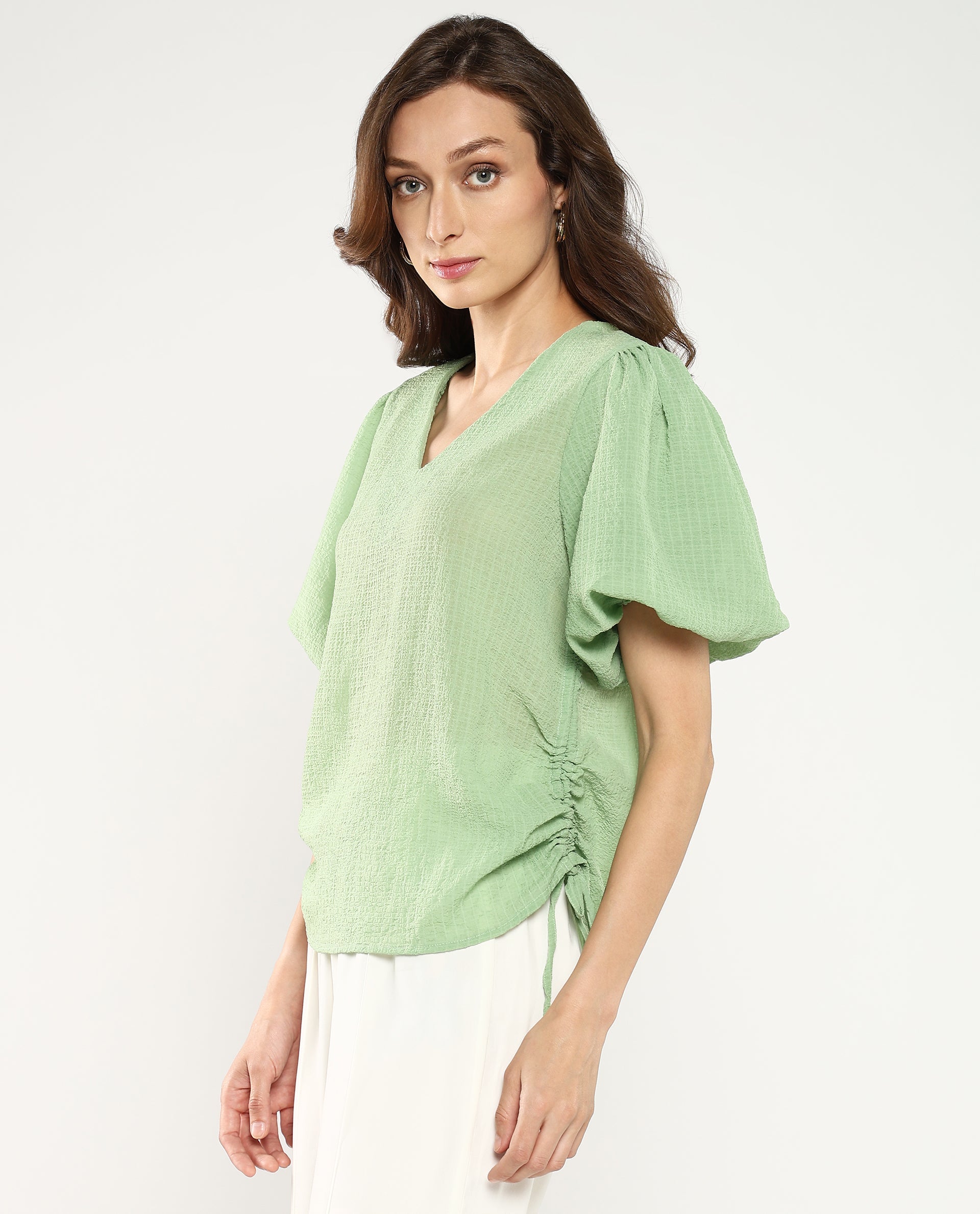 Rareism Women Krien Light Green Balloon Sleeve V-Neck Plain Top