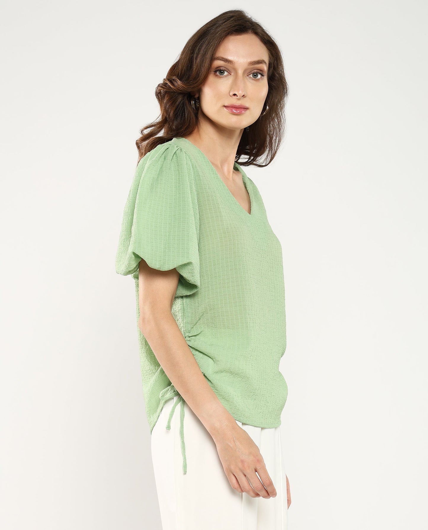 Rareism Women Krien Light Green Balloon Sleeve V-Neck Plain Top