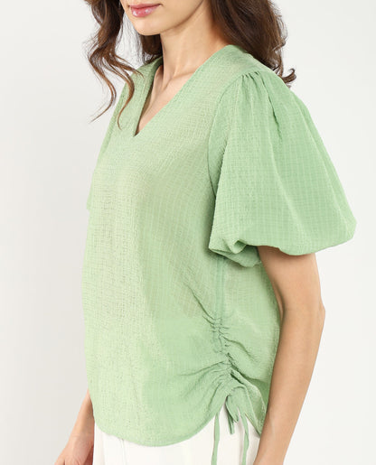 Rareism Women Krien Light Green Balloon Sleeve V-Neck Plain Top