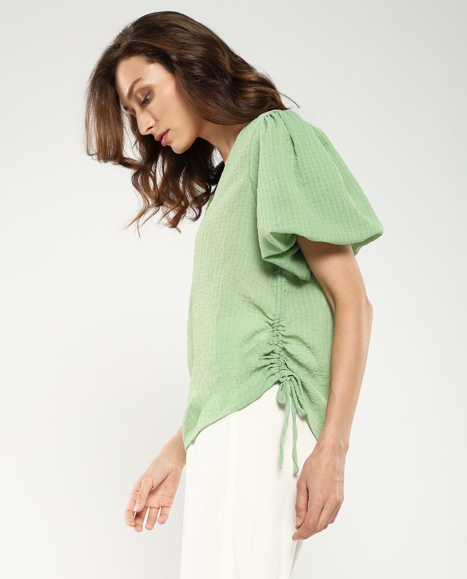 Rareism Women Krien Light Green Balloon Sleeve V-Neck Plain Top