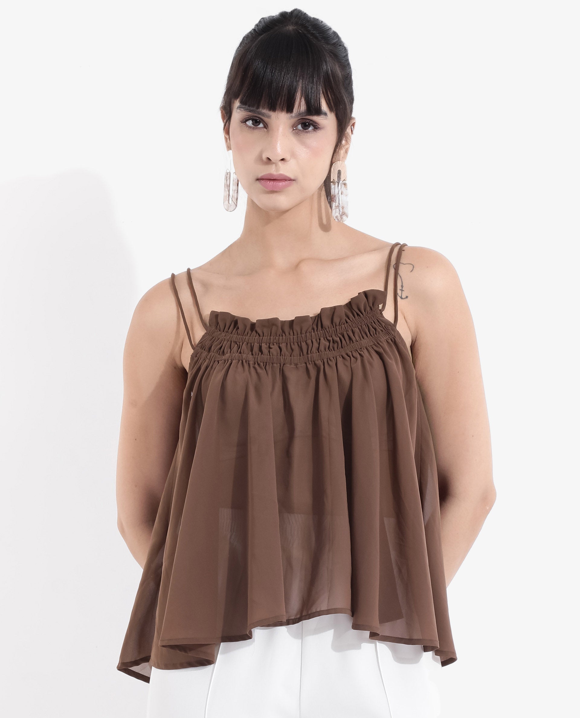 Rareism Women Kuso Rust Sleeveless Shoulder Straps Relaxed Fit Plain Top