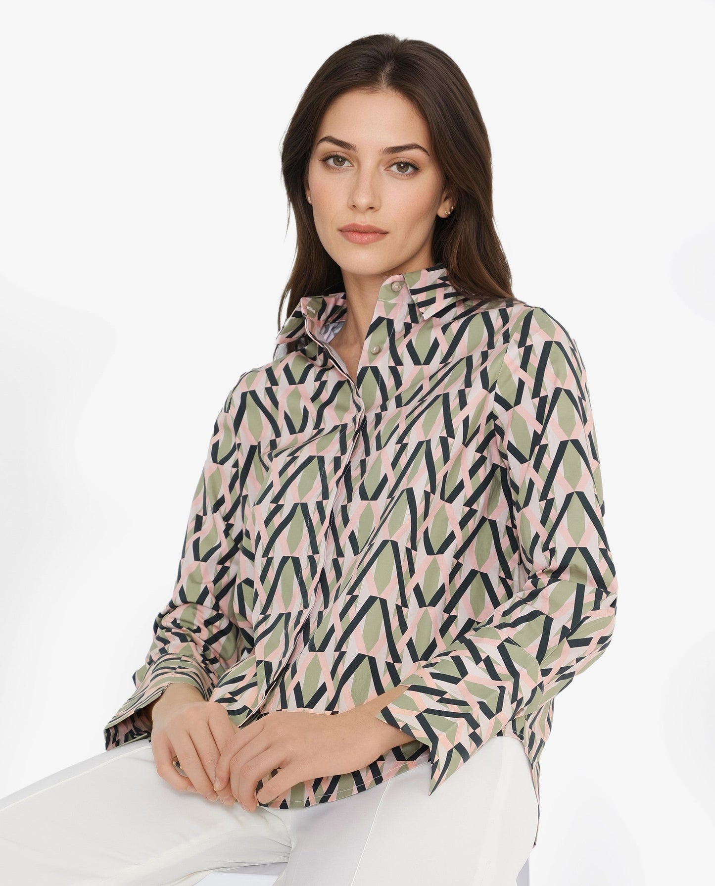 Rareism Women Kuvin Multi Cuffed Sleeve Collared Collar Button Geometric Print Shirt