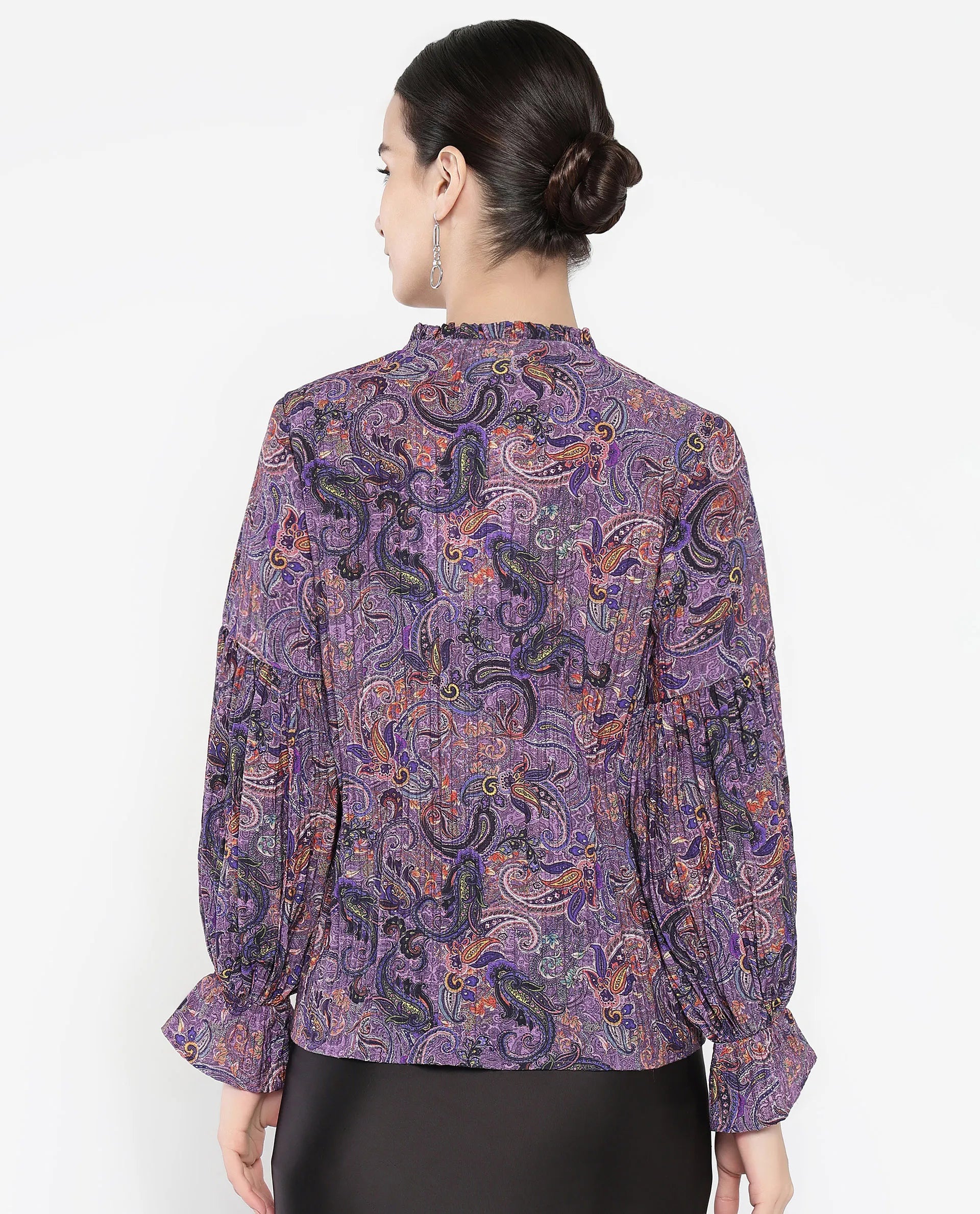 Rareism Women Lafia Multi Viscose Fabric Lantern Sleeve V-Neck Button Closure Paisley Print Top